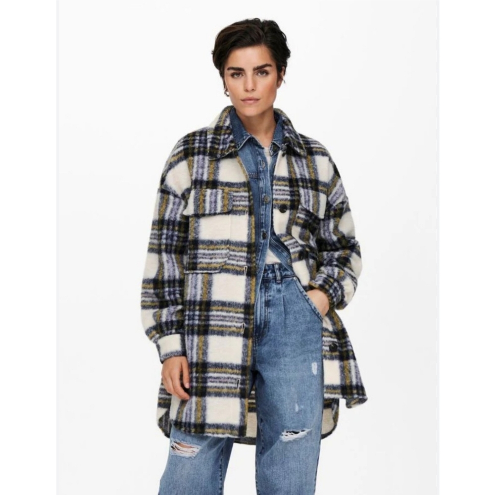 ONLY Oversized Cozy Rosa Brushed White Blue Plaid Long Fleece Shacket L